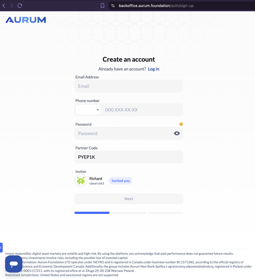 Aurum-Anmeldung: Partner-Code PYEP1K, Inviter „Richard / rpearce63“.
